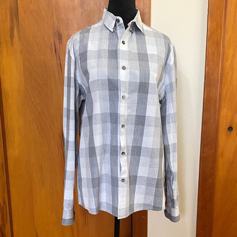 DKNY Men's Checkered Dress Shirt in Gray and White 17” Shoulders